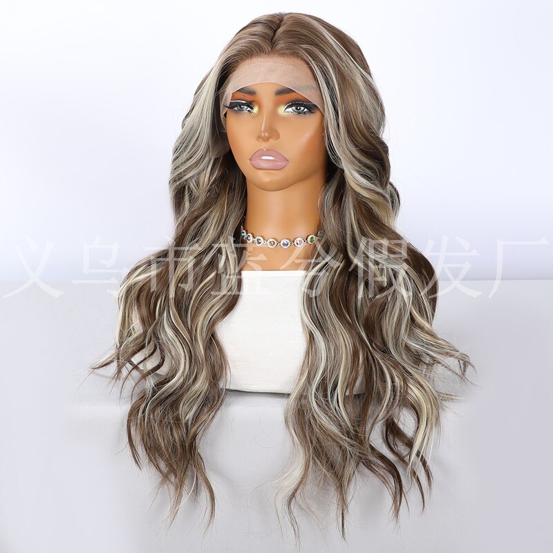 13*3 Lace Japanese Silk Wig, European and American Style Brown and White Highlights Long Curly Wigs, Front Lace Wig Factory In-Stock