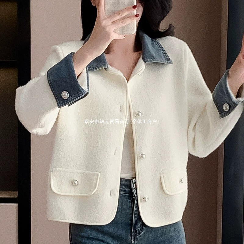 Stylish Korean-style patchwork denim knit sweater for autumn and winter 2026, featuring a fashionable lapel design, versatile and chic, with a touch of Chanel-inspired elegance
