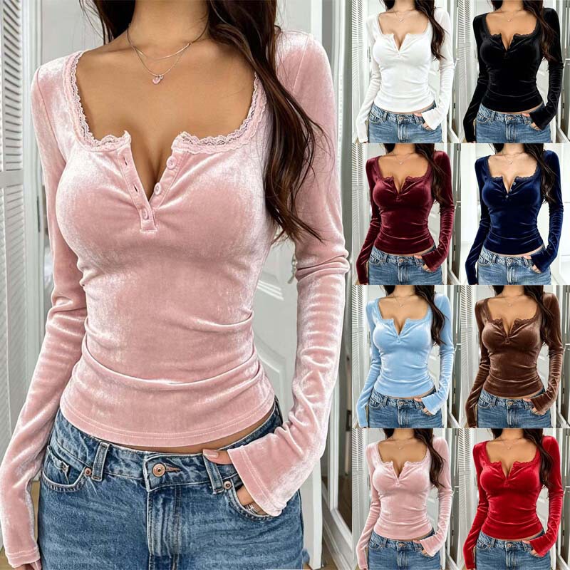 2026 European and American cross-border autumn and winter new style gold velvet lace button V-neck fashion slim-fit long-sleeve women's top