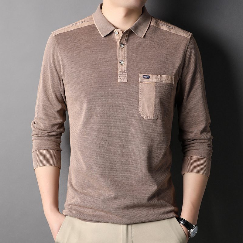 2024 Spring and Autumn New Men's Solid Color Lapel Long-sleeved T-shirt Fashion Retro Fashionable Cotton Loose T-shirt with Pocket 2024 Spring and Autumn New Men's Solid Color Lapel Long-sleeved T-shirt Fashion Retro Fashionable Cotton Loose T-shirt with Pocket