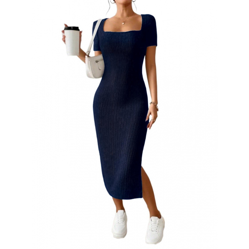 Women's Square Neck Slim Fit Bodycon Dress Sexy Slit European American Style Soft Summer Fashion Dress_ecoleips.com