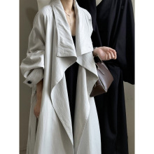 言双 休闲百搭长款风衣女秋季韩系宽松慵懒风大翻领系带外套82606