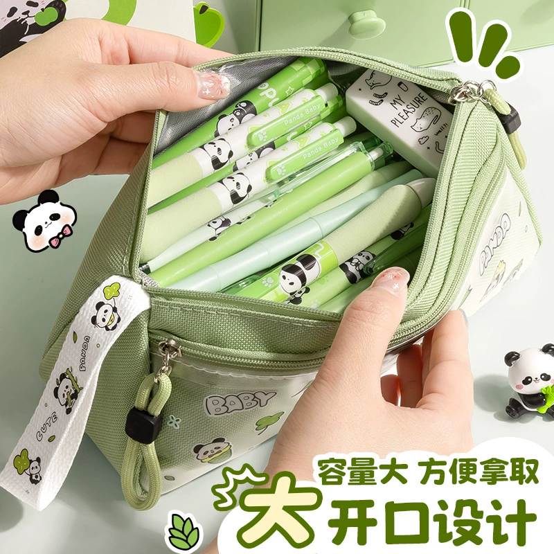 Cartoon cute capacious triangular universal pencil case for students, panda, primary and secondary school