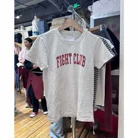 BM风 新款圆领红色字母FIGHT CLUB印花短袖T恤女百搭修身显瘦上衣
