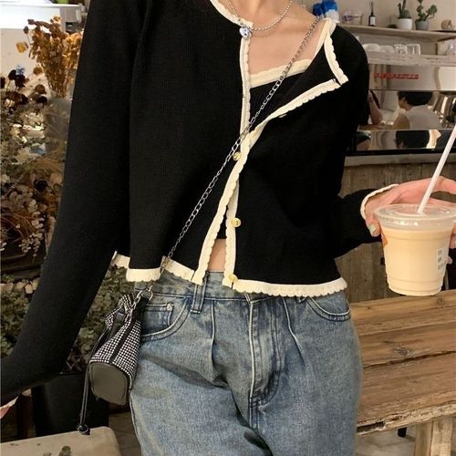 Sheer lace long sleeve knit coat women autumn design sense minority loose slimming short length outerwear top