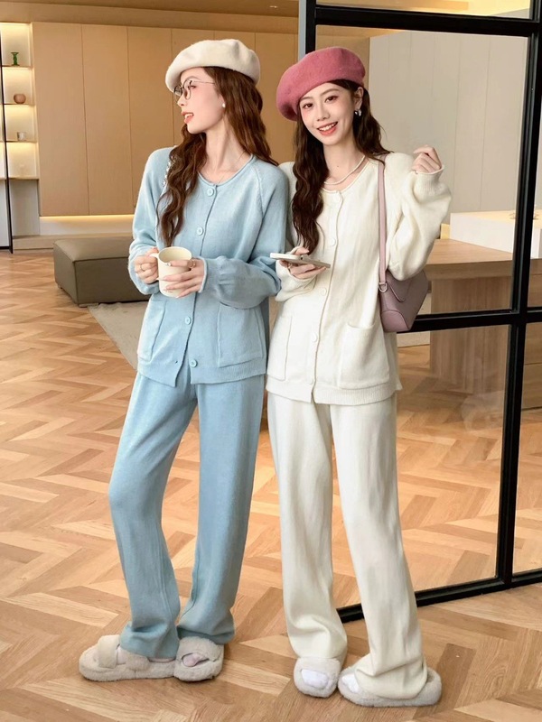 欧美纯色针织衫套装女2025秋冬新款开衫外套阔腿裤两件套日韩休闲|undefined