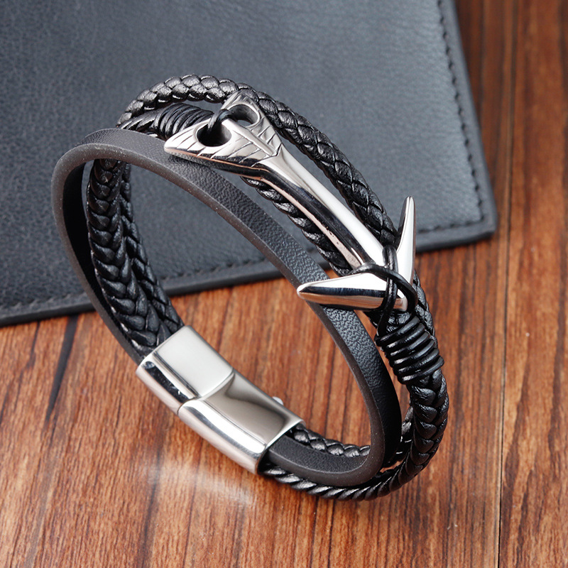1 Piece Quantity Retro 316L Stainless Steel Pu Leather Arrow Men Cord & Leather Bracelets
