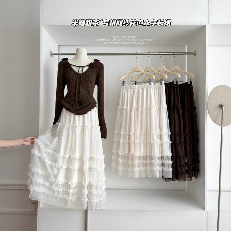 2025 Winter Peninsula Sweet Tea ~ Special Aircraft Mesh Lace A-Line Long Skirt Women's Puffy Cake Skirt Brushed Skirt