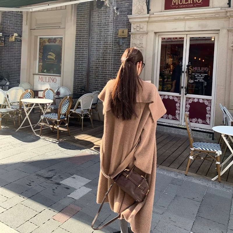 秋冬新款松弛感长款针织开衫女宽松慵懒风大翻领系带毛衣外套加厚|undefined