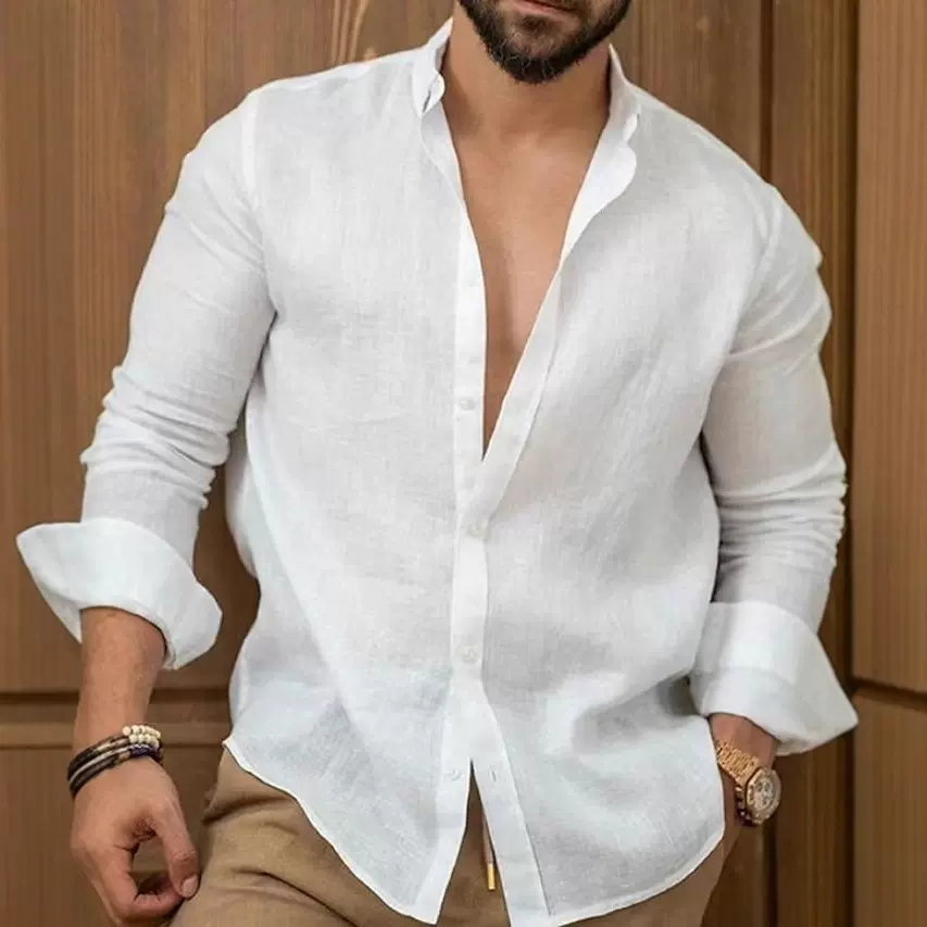 2025新款秋季 外贸跨境 亚马逊 欧美 棉麻纯色青年休闲绅士衬衫男