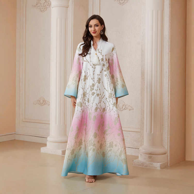 Sw2609 Cross-Border Robe with Printed Patterns, Rhinestones, and Beading, Gradient Evening Dress, Malaysian Dress Sw2609 Cross-Border Robe with Printed Patterns, Rhinestones, and Beading, Gradient Evening Dress, Malaysian Dress