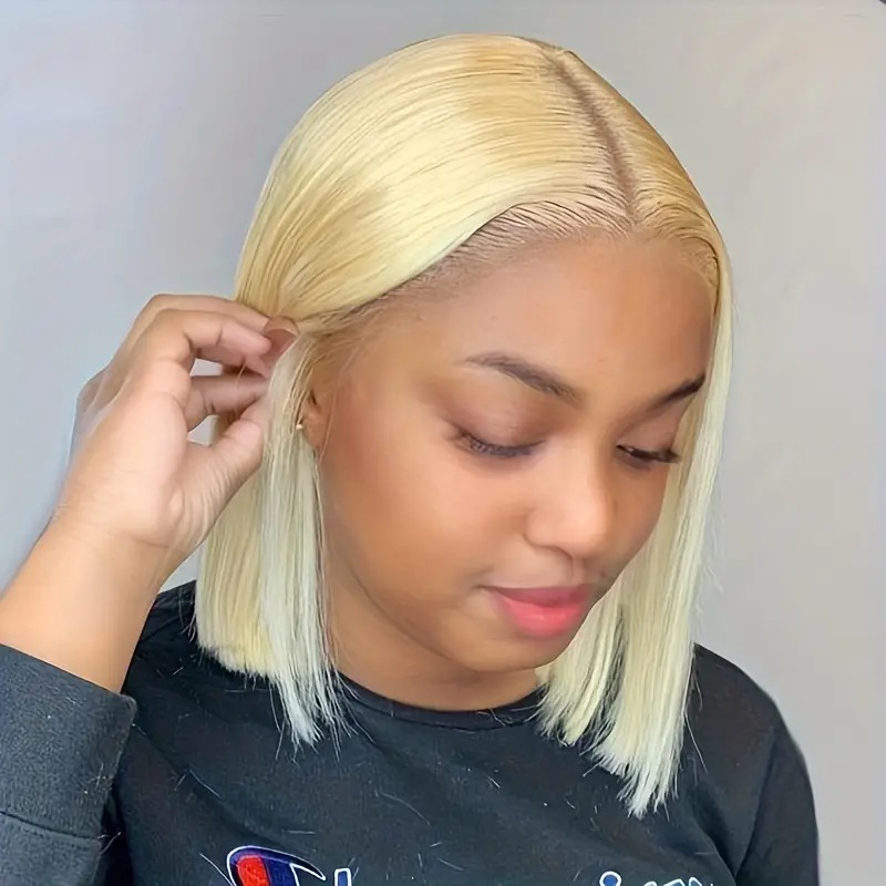 Perruque front lace blond platine style bob synthétique pour femme_voghion.com