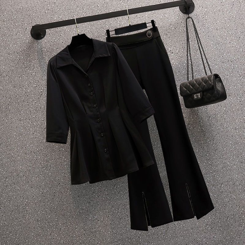 Women's Clothing Plus Size Women's Clothing To Cover The Belly And Make You Look Thin Shirt Solid Color Slit Flared Pants Two Piece Suit_voghion.com