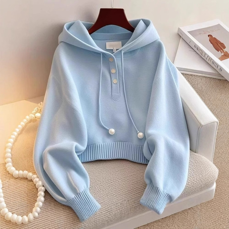 Unique and Chic Blue Hooded Drawstring Knit Sweatshirt, Autumn Korean Style, Lazy Fashion, Stylish and Comfortable Base Shirt Unique and Chic Blue Hooded Drawstring Knit Sweatshirt, Autumn Korean Style, Lazy Fashion, Stylish and Comfortable Base Shirt