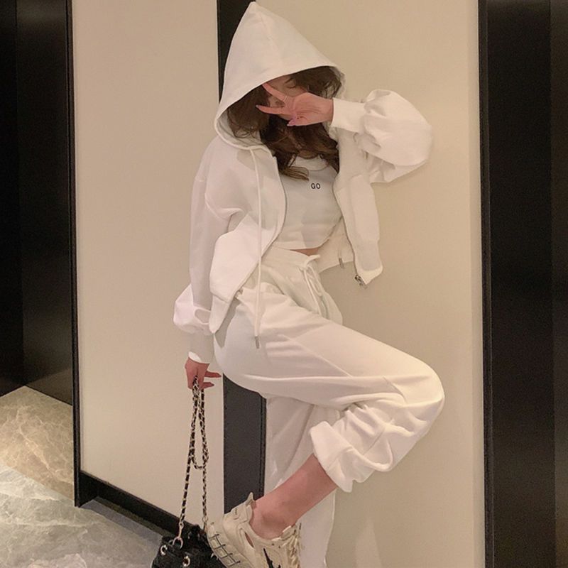 休闲运动套装女秋季新款宽松显瘦卫衣外套背心束脚长裤三件套洋气|undefined