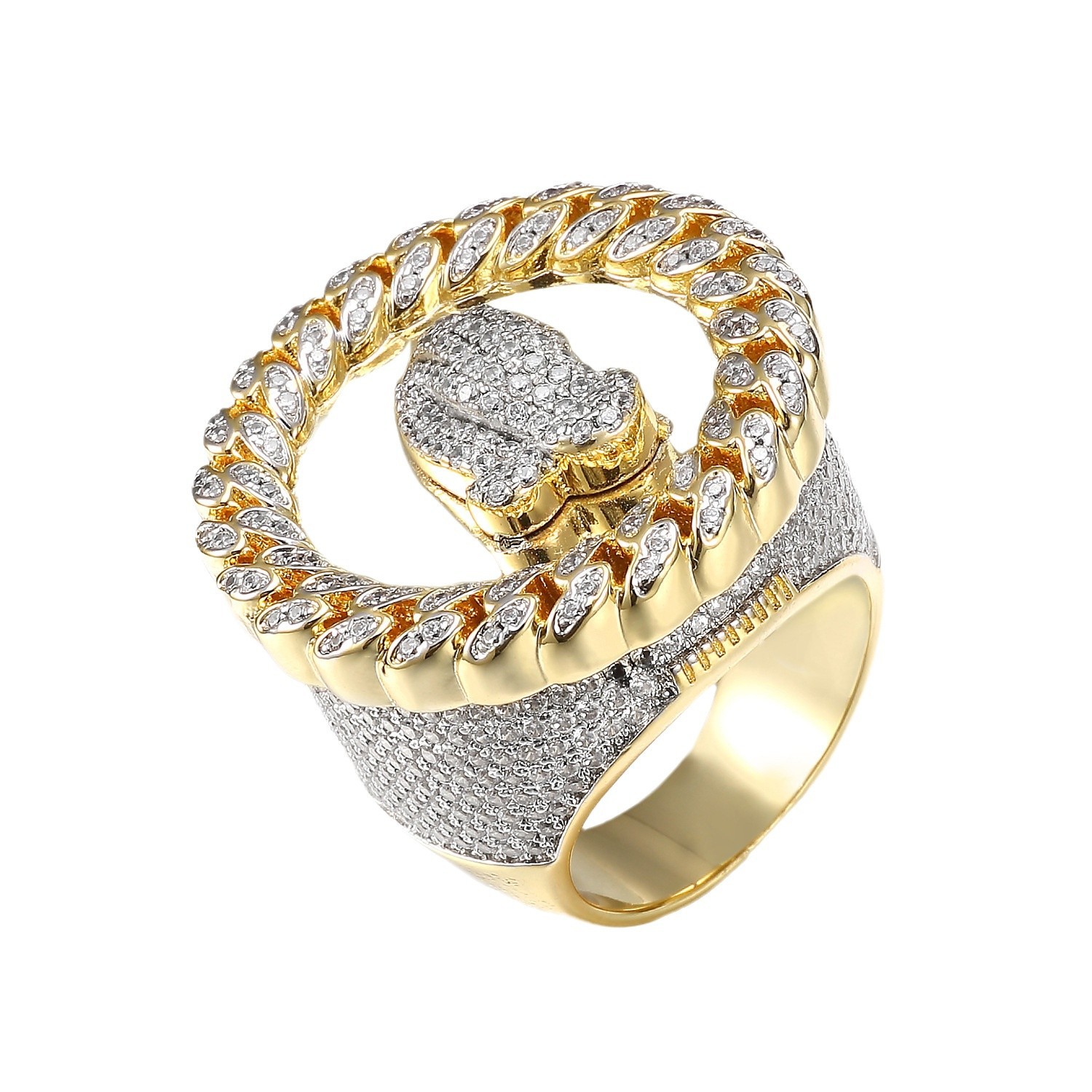 Gold Plated Full Diamond Round Prayer Hand Ring For Men Hip Hop Fashion Jewelry Classic Geometric Design_voghion.com