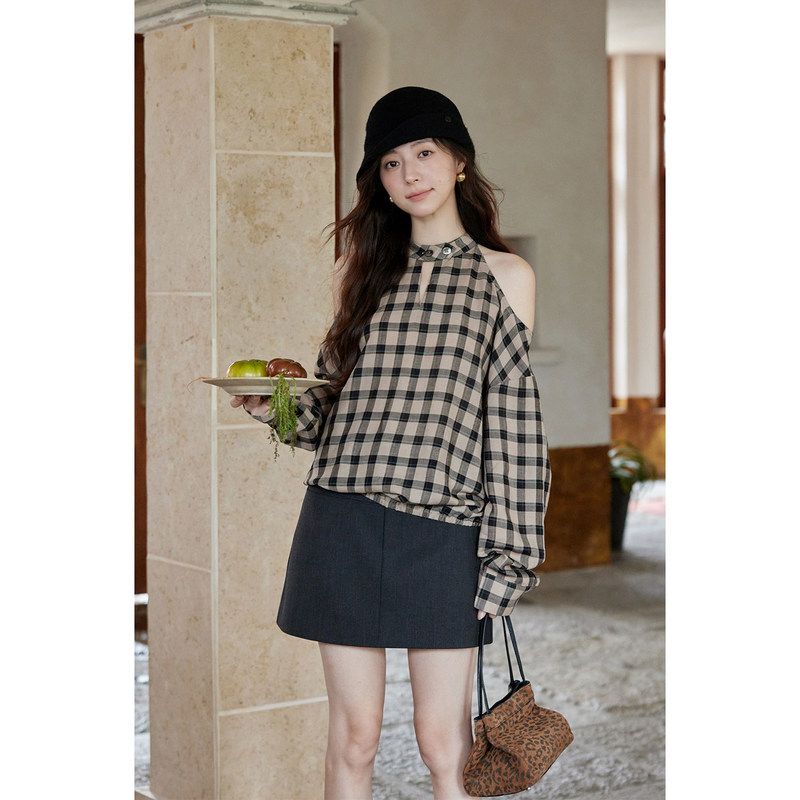 Ximeng 2026 New Autumn Korean Style Linen-Tencel Shirt with a Stylish Design, Black and Brown Plaid Off-Shoulder Long-Sleeve Top Ximeng 2026 New Autumn Korean Style Linen-Tencel Shirt with a Stylish Design, Black and Brown Plaid Off-Shoulder Long-Sleeve Top
