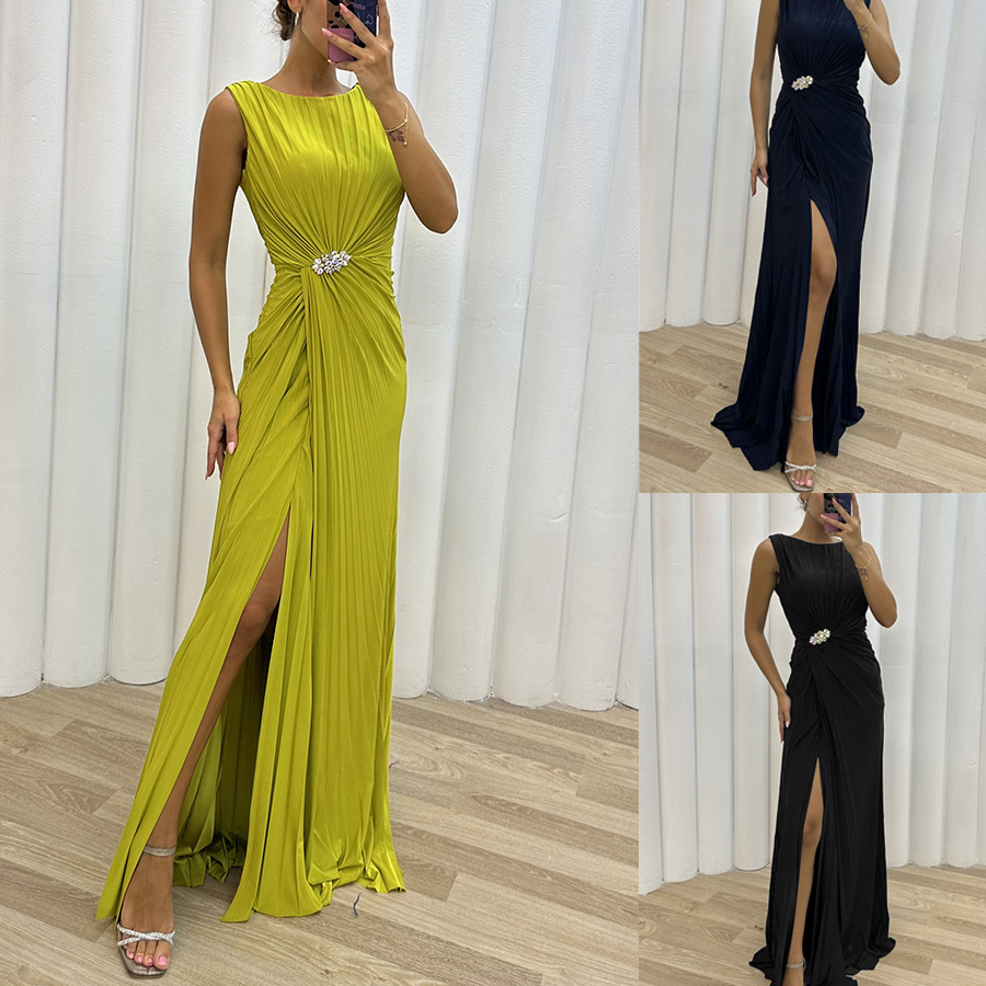 Women's Party Dress Classic Style Round Neck Slit Pleated Sleeveless Solid Color Maxi Long Dress Party Cocktail Party display picture 1