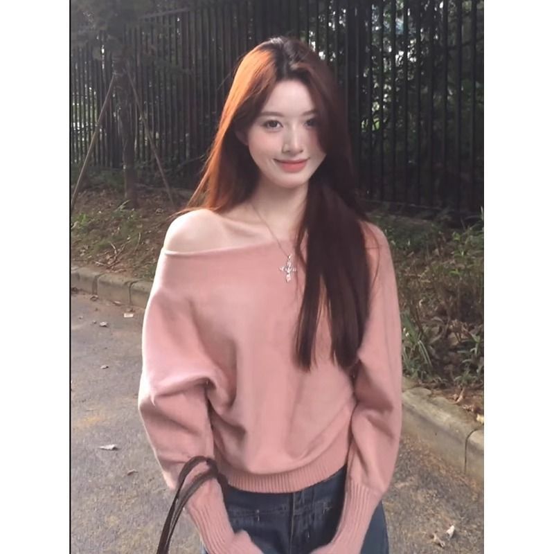 한국식 핑크 긴팔 니트 스웨터 여성의 가을 및 겨울 내베이스 레이어 스웨터 서양식 연령 감소 숄더 탑
