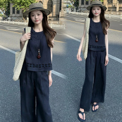女性のためのファッションスーツ 2025 夏の新しいスタイルのスリムで年齢を減らすノースリーブベストトップワイドレッグパンツツーピーストレンディセット