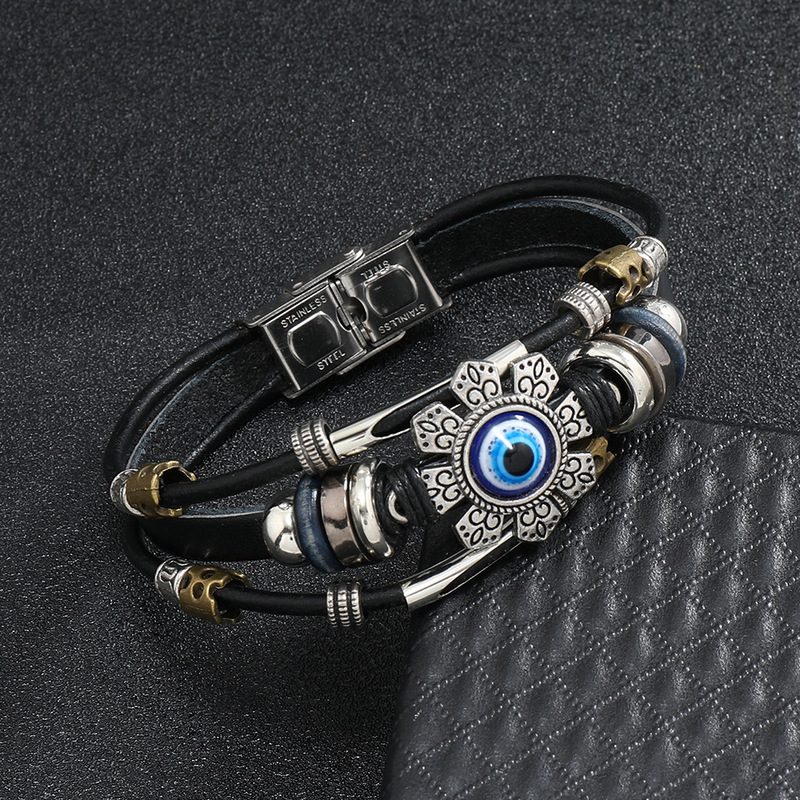 European and American Jewelry Eye Alloy Accessories Bracelet Stainless Steel Buckle Devil's Eye Leather Men's Bracelet Handmade