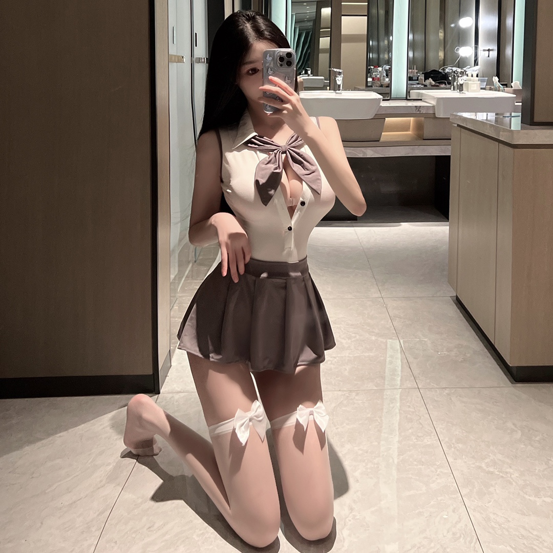 Maid Student Uniform Costume Set with Bow Tie, Bodysuit, Mini Skirt and White Butterfly Stockings — detail image 4