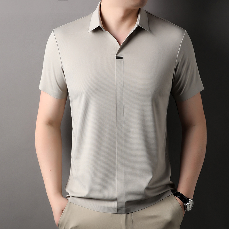 Men's seamless high-elastic nylon ammonia summer loose short sleeve no-iron slim-fit lapel polo shirt high quality all-match casual
