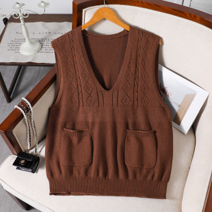 Ins Hot Selling New Plus Size Women's Vest Retro Spring Vest Outer Wear Loose V-Neck Double Flap Pocket Pants Knitwear Vest