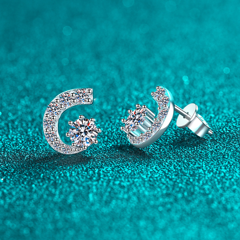 Moissanite Hoop Earrings Crescent Moon Sterling Silver For Women_voghion.com