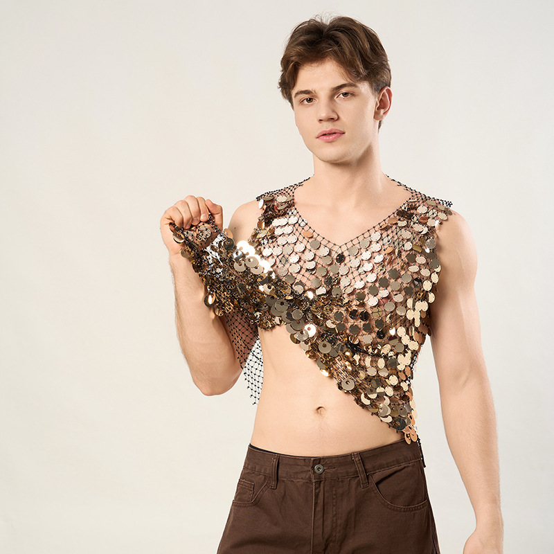Cross-border European and American sequined men's nightclub hollow-out vest, sexy see-through sequin party nightclub fishnet sequin top Cross-border European and American sequined men's nightclub hollow-out vest, sexy see-through sequin party nightclub fishnet sequin top