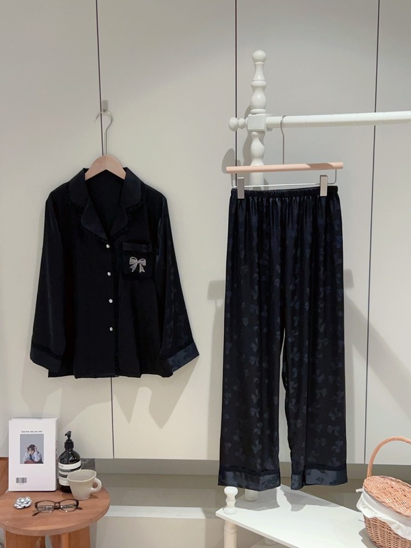 春秋季纯欲烫钻蝴蝶结提花冰丝睡衣女新款高级仿真丝家居服套装薄|undefined