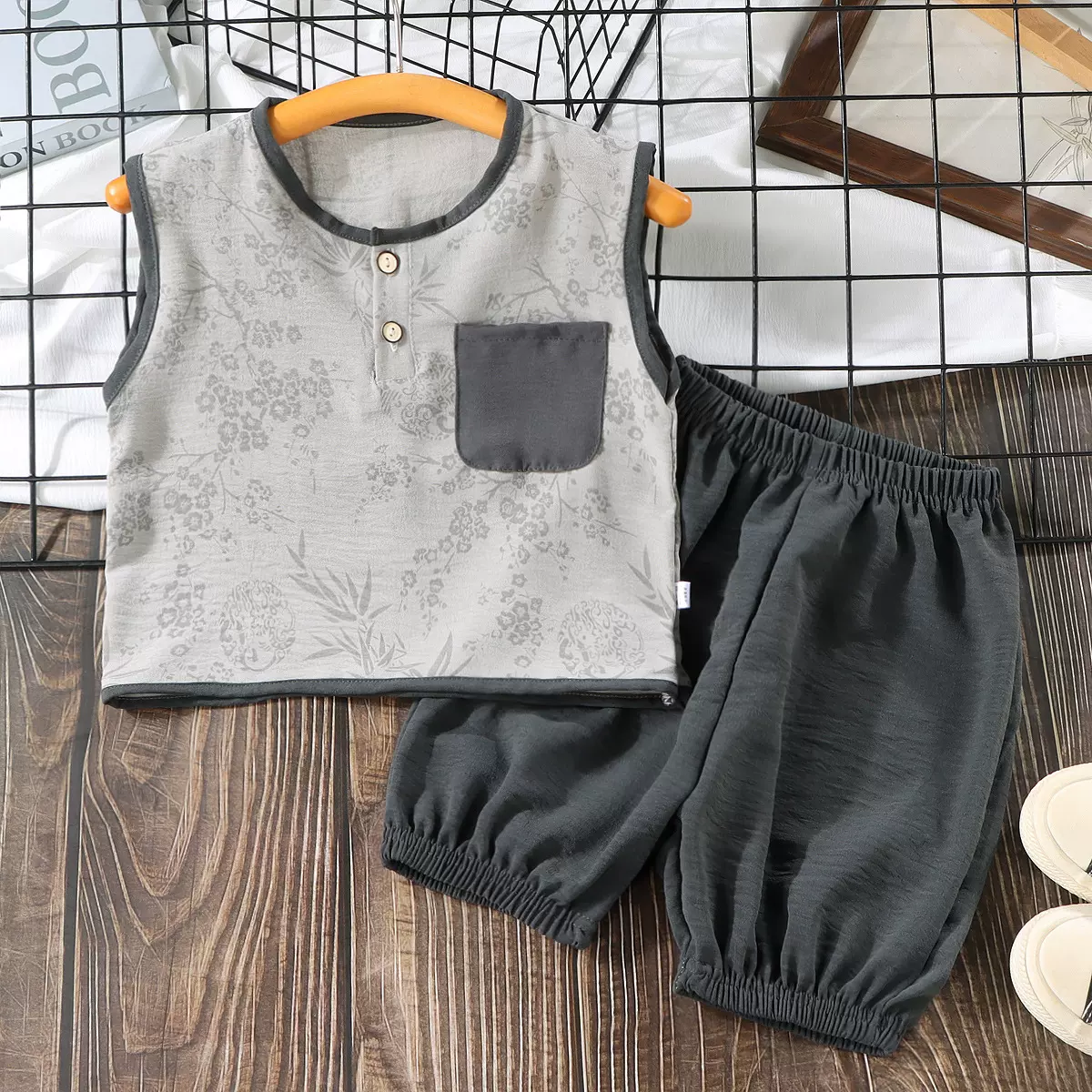 夏季儿童洋气复古背心套装潮款无袖国风中小童男童女童薄款两件套