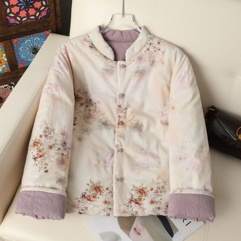 新中式国风棉麻印花夹棉外套女冬季撞色唐装棉服加厚小立领棉衣|undefined