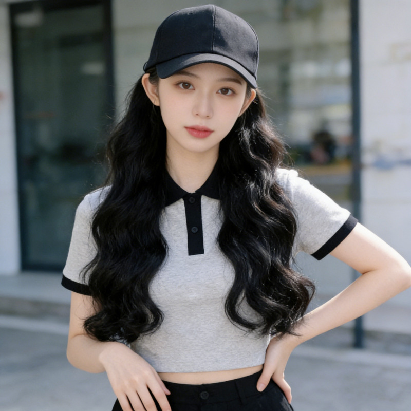 Hat Wig Integrated Women's Spring and Summer New Sunshade Hat Long Hair Big Wave Simulation Full Head Cover Support One-Piece Hair