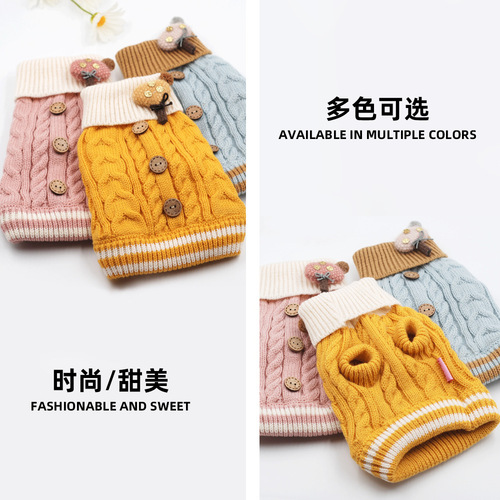 Physical store wholesale dog clothes autumn and winter warm pet clothing buttons sweet sweater teddy cat