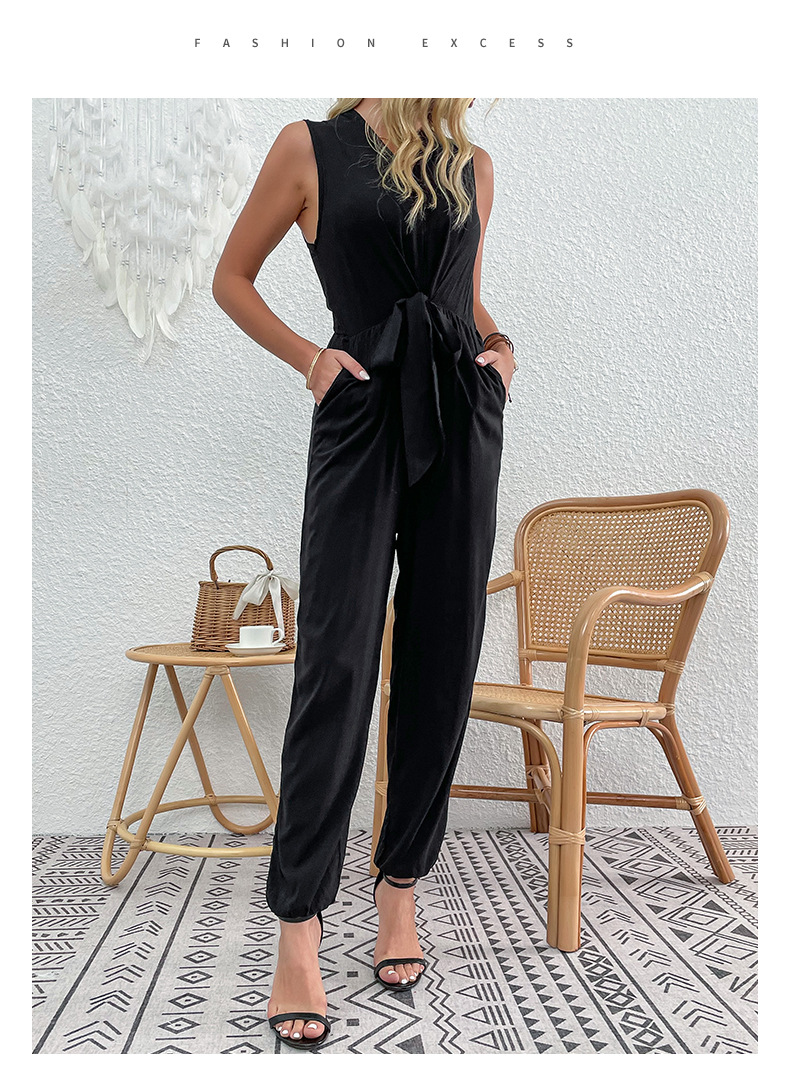 Solid Color V-neck Sexy Cross-Strap Jumpsuit_voghion.com