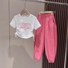 女童韩版套装2024夏款中大儿童字母短袖女孩时髦休闲束脚裤两件套