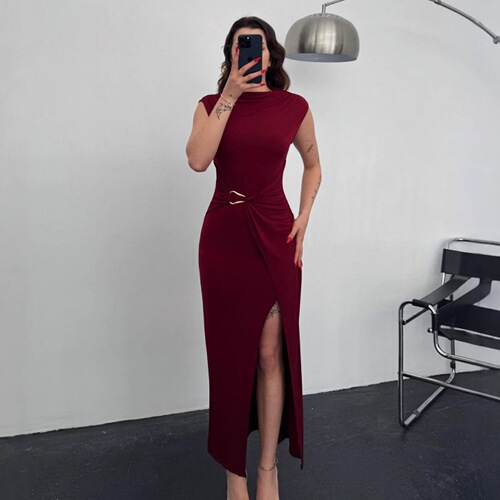 European and American Style Summer New Women's Fashion Charming Solid Color Crew Neck Slimming Sheath Dress with Slits