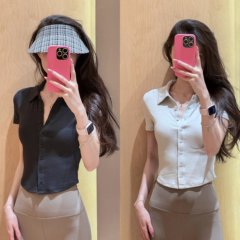 Button-Up Style Women's Collared Short-Sleeve Shirt, Modal Short Slim-Fit Lapel Button-Up Cardigan Button-Up Style Women's Collared Short-Sleeve Shirt, Modal Short Slim-Fit Lapel Button-Up Cardigan