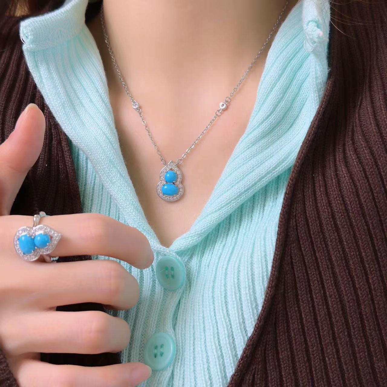 微鑲仿綠松石葫蘆項鍊女顯白小眾新中式設計高級感戒指耳環鎖骨鏈
