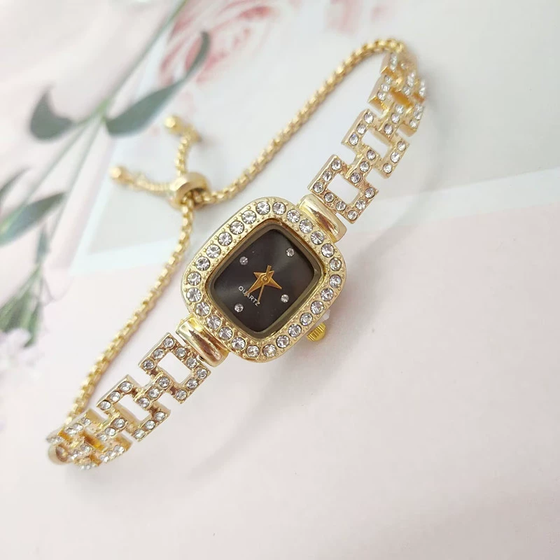 Square Swiss-Style Bracelet Watch, Crystal Accent, Adjustable Chain, Gold & Silver Options