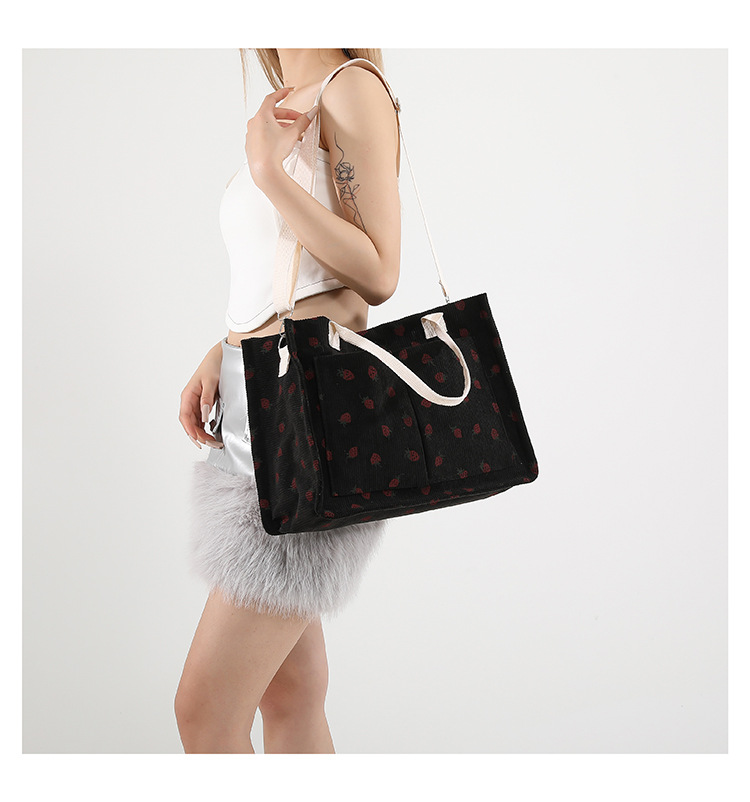 300g Weight Polyester Lining Material Zipper Closure Type Single Shoulder Strap Strap Type Tote Bag Bags Type Casual, School Occasion Corduroy Material Solid Color, Strawberry Pattern All Seasons Season Women's Gender Basic, Classic Style Style Square Shape Large Size Women's Large Corduroy Solid Color Strawberry Basic Classic Style Square Zipper Tote Bag 12