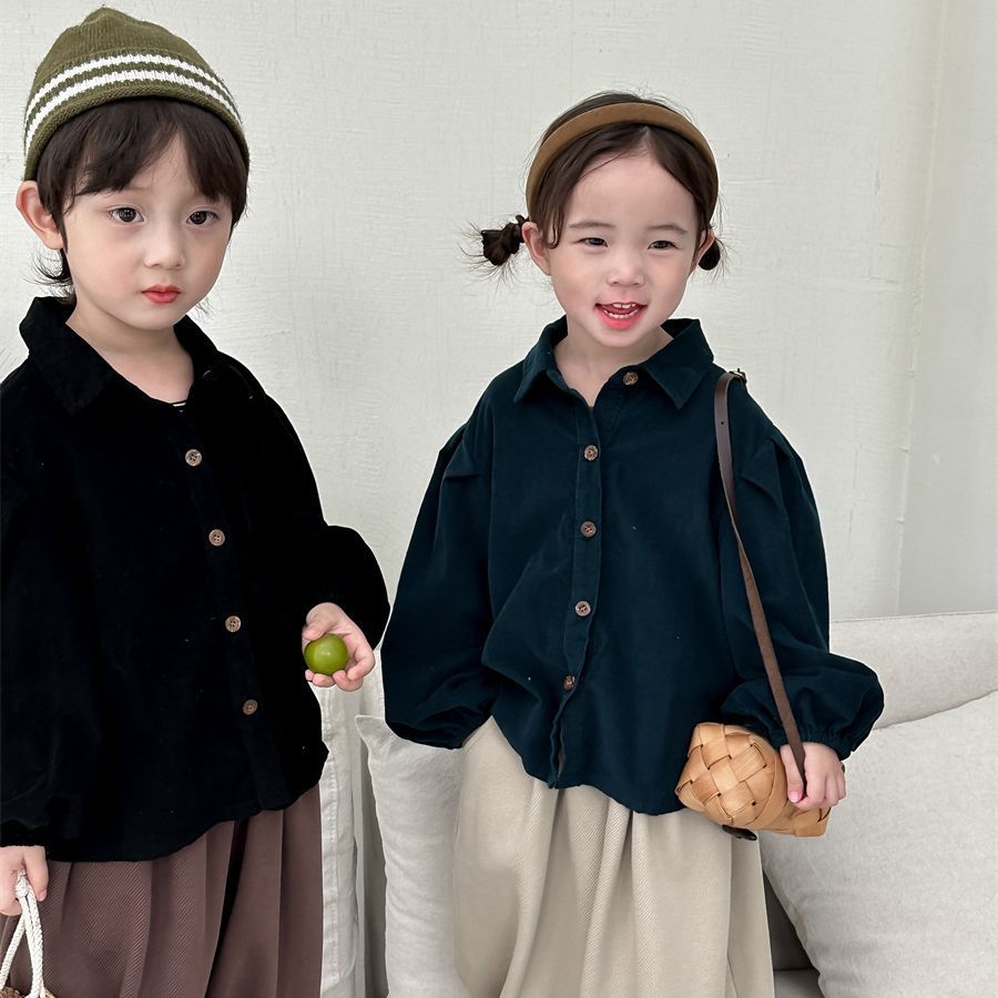 Children's Autumn Solid Color Corduroy Long-sleeved Shirts For Men And Women,Forest Simple Cardigan Tops For Babies