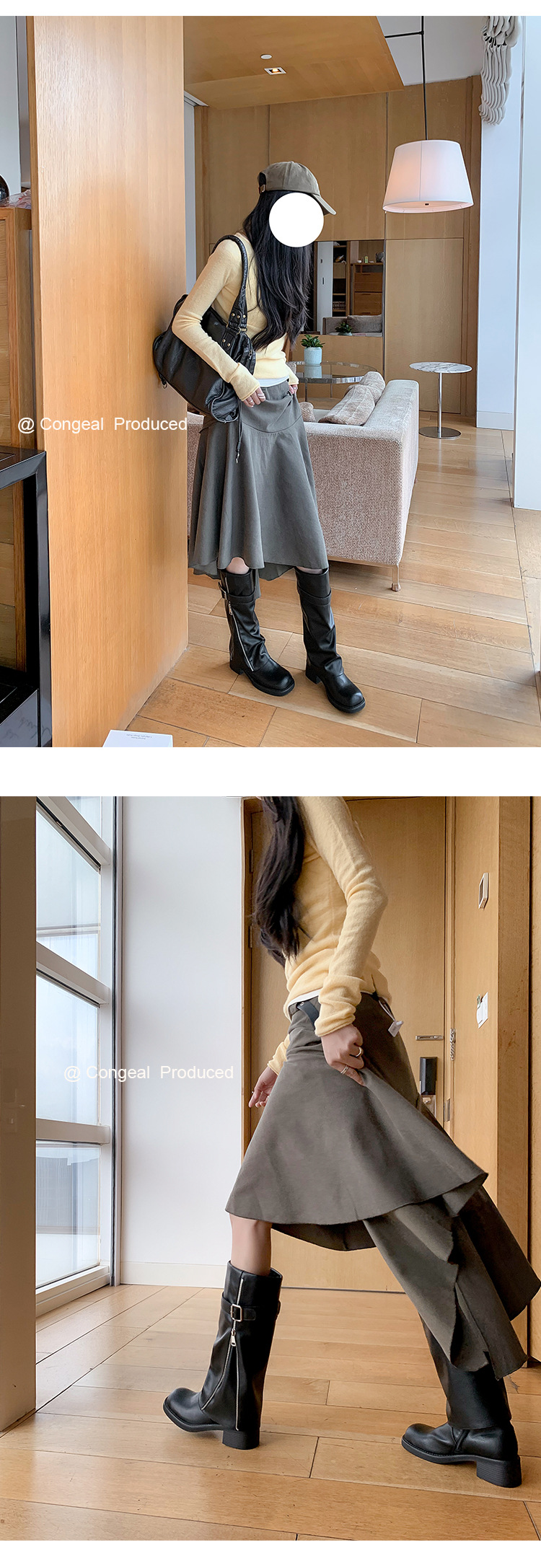 Boot nữ cổ cao ôm bắp chân da thật mũi tròn gót vuông Chunky khóa thắt lưng — màu đen, nâu đậm chi tiết 16
