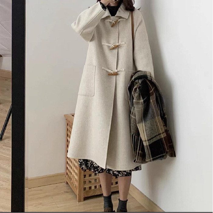 红色双面羊绒牛角扣呢子大衣女2025秋冬小个子加厚学院风毛呢外套|undefined