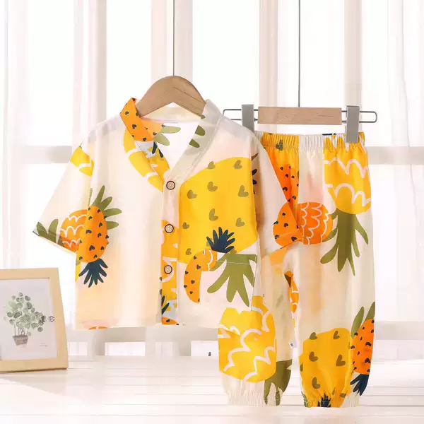 Children's Cotton Silk Pajamas Set Summer Artificial Cotton Air-conditioning Clothing for Boys and Girls Cotton Silk Home Clothes Two-piece Children's Clothing