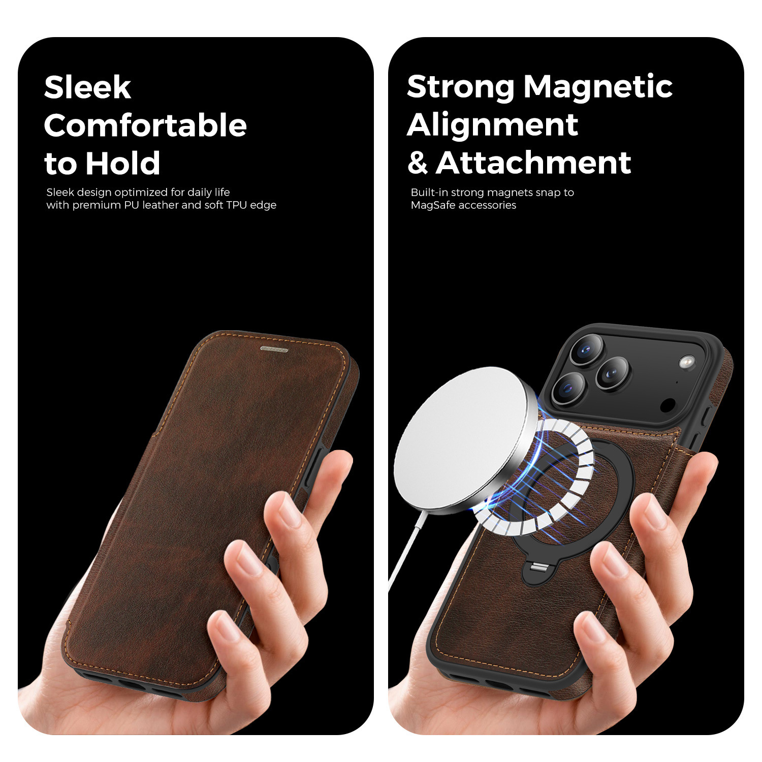 Ốp lưng da lật iPhone 16 Pro Max xoay 360 độ tích hợp giá đỡ từ tính — màu đen, màu xanh hoàng gia, Màu nâu, xám chi tiết 25