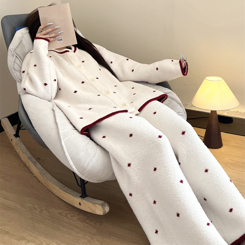 Cute Polka-Dot Pajamas for Women, Knitted Half-Velvet, New Winter Style, Warm, Fleece-Lined, Thickened Loungewear Set That Can Be Worn Outside