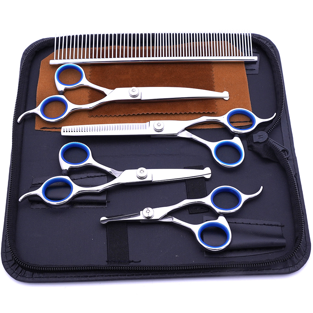 Venta directa transfronteriza tijeras de belleza para mascotas tijeras de corte de pelo de perro tijeras curvadas tijeras de corte de pelo de mascota profesional tijeras de dientes finos traje