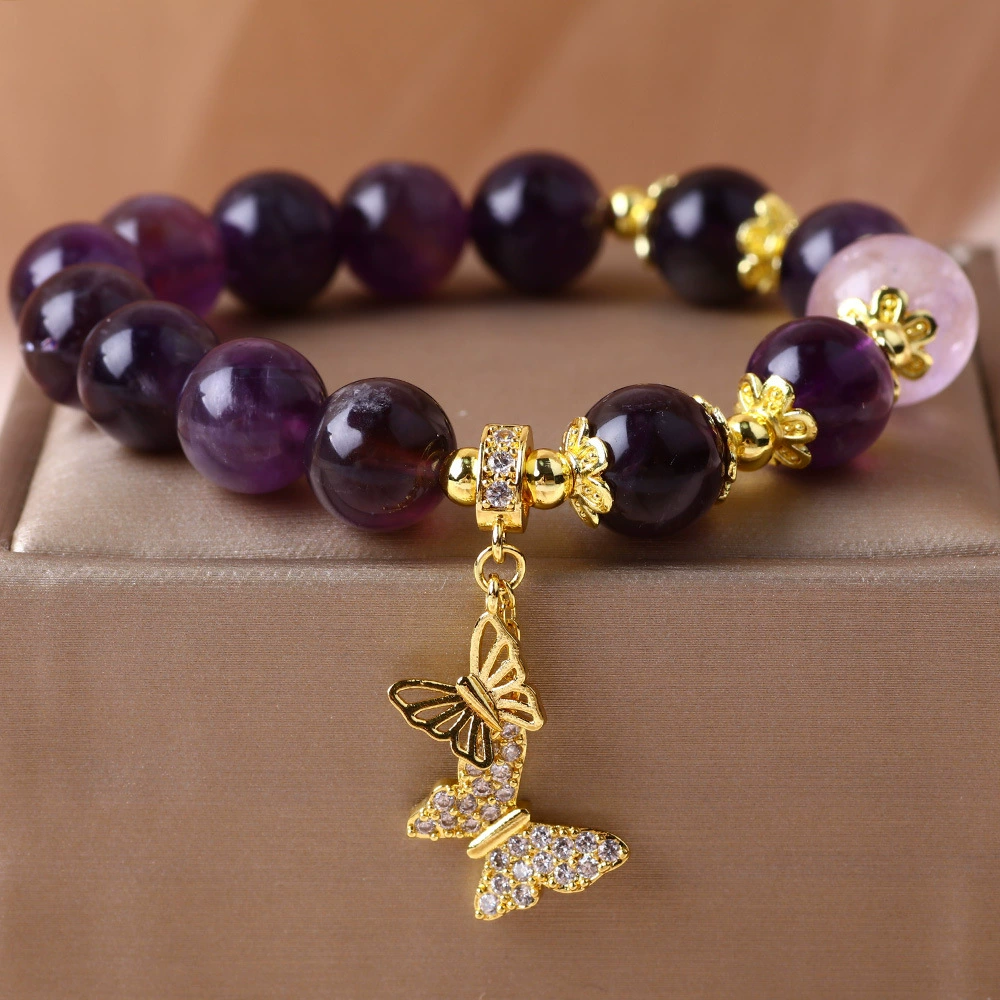 Женский браслет с фиолетовыми кристаллами, летний лесной стиль, минималистичная подвеска-бабочка, винтажный браслет лаванды, свадебный ларек храма.
